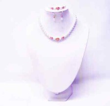 White w/Coral Glass Pearl Necklace/Bracelet/Earring Set for Little Girl
