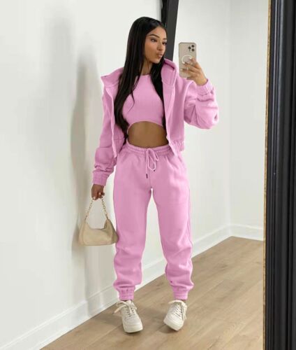 Women Sets Long Sleeve Zip Hoodies+Ribbed Tank+High Waist Jogger Pant Suits - Picture 1 of 34