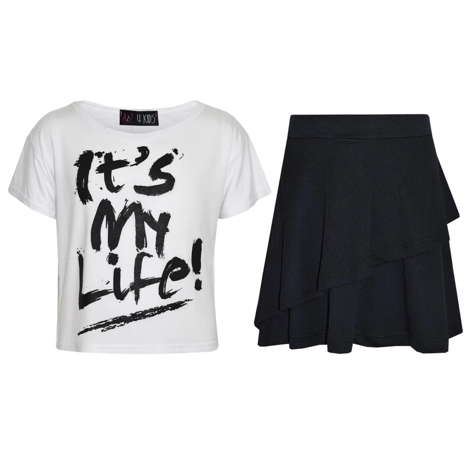 Enfants Filles Hauts It's My Vie Court Blanc & Double Couche Skater Jupe Set - Photo 1/1