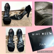 VTG Nine West BRIGHAM Black Suede Strappy Sandals 3.25 Heels 7.5N Retro 90s