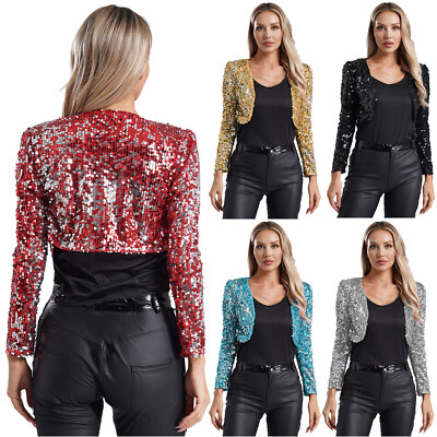 Womens Cardigan Music Blazer Sequin Jacket Bolero Tops Dance