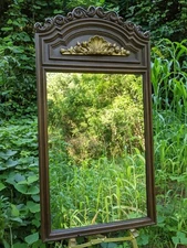 Vintage 1960s Plastic Faux Wood Scallop Shell & Rose Pediment 52x27" Wall Mirror