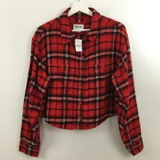 NWT American Eagle Cropped Plaid Flannel Button Down Red Black Shirt Size M