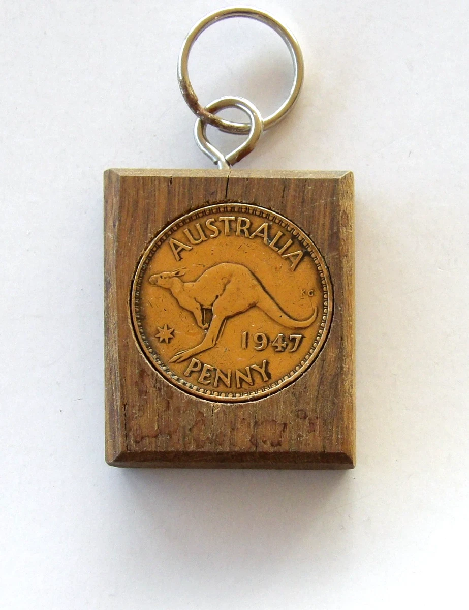 Vintage 1947 Australian Penny Coin Currency Souvenir Key Chain Keyring