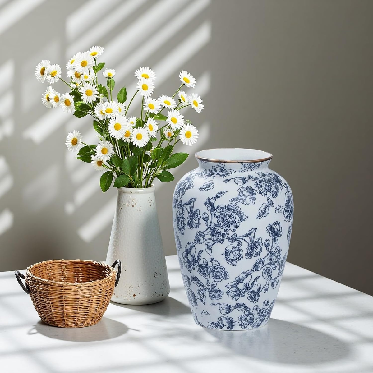 Blue and White Chinoiserie Vase - Vintage Ceramic Vase with
