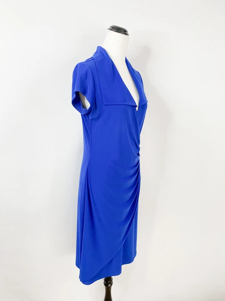 JOSEPH RIBKOFF jersey bodycon dress sz 12 / gold zip ruched faux-wrap blue - Image 3 of 4