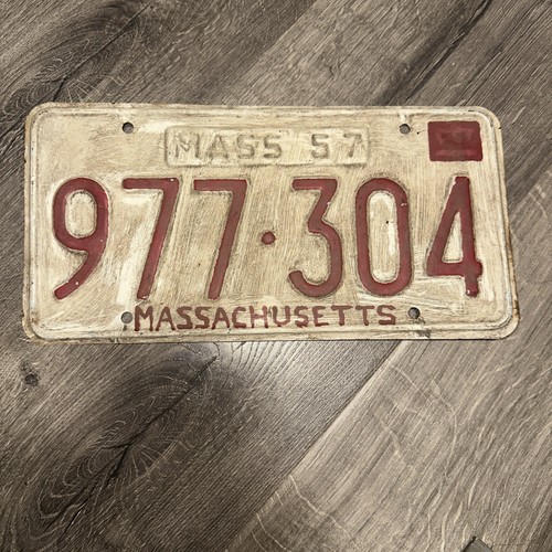 Massachusetts 1957 License Plate Tag #977 304 Vintage Antique Collectible