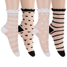 4 Pairs Sheer Socks Womenlack Ruffle Ankle Socks for Women Thin Lace See B
