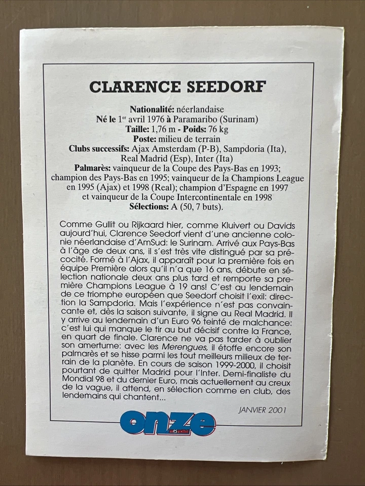 CARD CLARENCE SEEDORF PAYS BAS AJAX REAL MADRID ONZE MONDIAL HOLLANDE 🇳🇱 - Photo 2/2