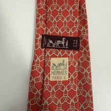 Hermes Men's Tie Geometric Chain Links Red  Khaki Silk 7075 OA 3" W x 56" L 