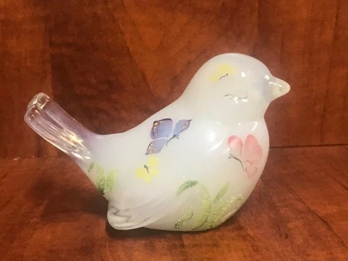 VTG Fenton Glass Opal Mist Tail Up Bird with Butterflies LE #69 of 150