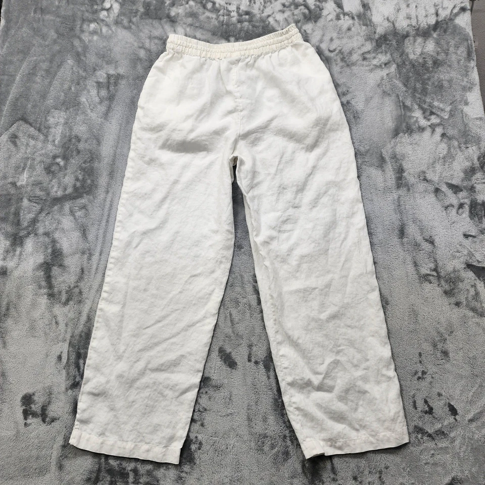 Pantalones Clio De Colección Mujer M Blanco Lino Tirar de Pierna Recta Lateral Abertura Dobladillo Informal Foto 2 de 4