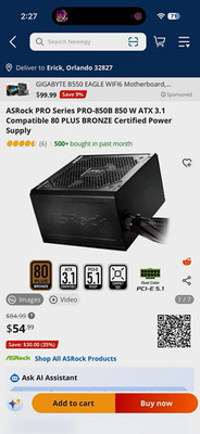 ASRock PRO-850B 850W ATX 3.1 PCIe 5.1 80 PLUS Bronze Power Supply
