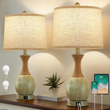 Set of 2 Boho Rattan Bedside Lamps with USB Charging  Adjustable Colors