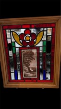 Large Victorian Stain Glass Panel In Pine Frame Victorian Transfer Scene Middle