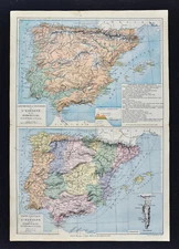 1885 Drioux Map - Physical & Political Spain Portugal Lisbon Madrid Barcelona SP