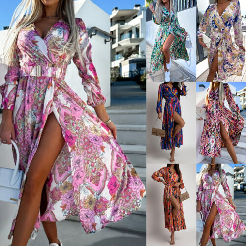 Women Print V Neck Floral Casual Loose Dress Ladies Holiday Party Midi Dresses