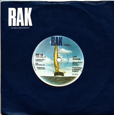 PETER NOONE & HERMAN'S HERMITS - LADY BARBARA /  7'' 45RPM SINGLE 1970 RAK RECORD