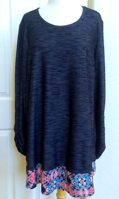 AVENUE NWT $58 GRAY WEAVE LONG CUFFED SLV PINK MIX LAYER TUNIC 22/24 