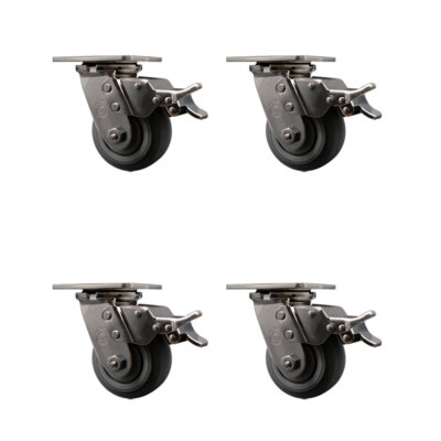 4 Inch 316SS Thermo Rubber Flat Tread Swivel Caster Set w/Roller Bearings& Brake