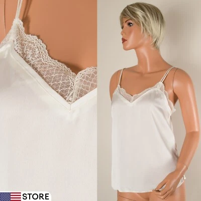 💖ABERCROMBIE FITCH Ivory Cami Tank Top Silky Spaghetti Strap Button Lace Trim S - Image 1 of 4
