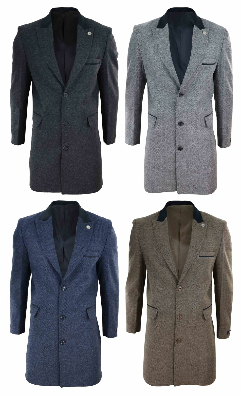 Mens 3/4 Long Crombie Overcoat Jacket Herringbone Tweed Coat Peaky Blinders Fit