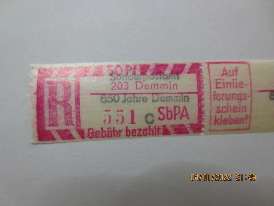 DDR Einschreibemarke SbPA 850 Jahre Demmin postfrisch Kennbuchstabe c - Bild 3 von 4