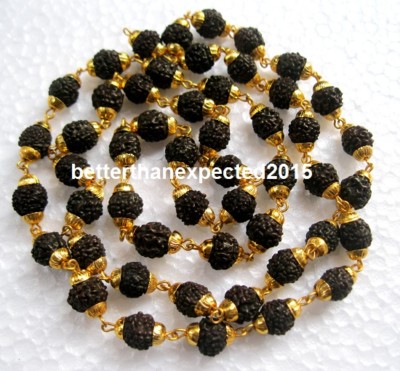 BLACK RUDRAKSHA RUDRAKSH MALA HOLY HINDU GOLD CAP ROSARY MALA 7 MM SIZE NECKLACE