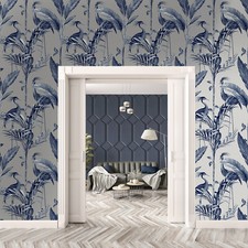 Image of Navy Blue Metallic Silver Tropical Birds Belgravia Azzura Leaf Wallpaper