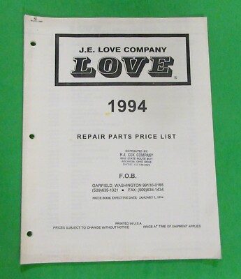 Vintage J.E. Love Company 1994 Repair Parts Price List (January 1st, 1994)