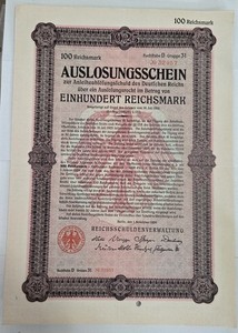 1925 German Reich Bond 100 Reichsmark Anleiheablösungsschuld Auslosungsschein
