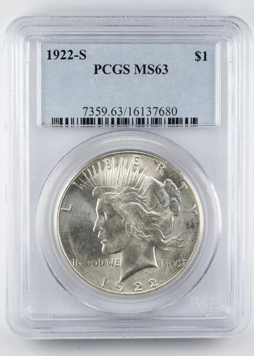 Certified 1922-S Peace Dollar PCGS MS63 Silver $1