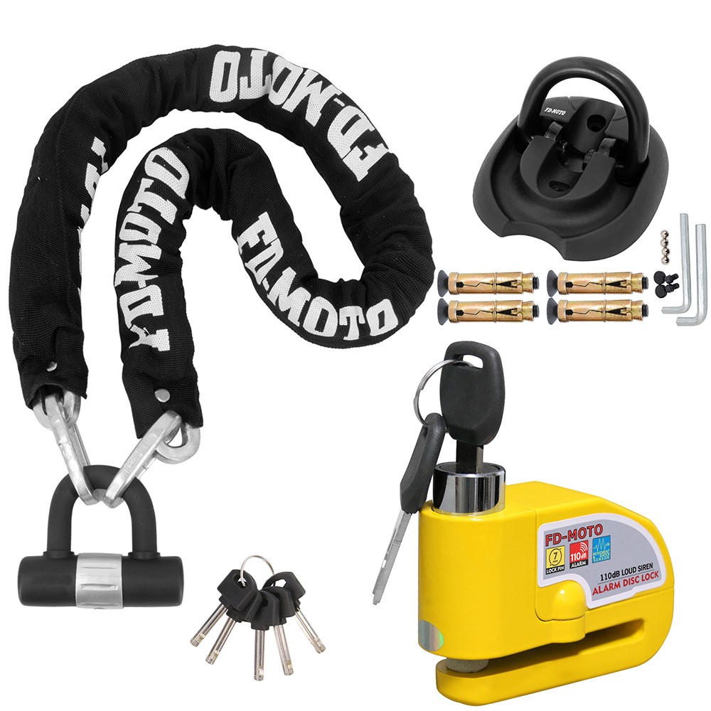FD-MOTO 1.8M*10MM Motorcycle Chain Lock & Alarm Brake Disc Lock & Ground Anchor