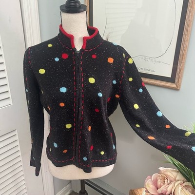 Vintage COLDWATER CREEK Womens Sweater Small Black Polka Dot Zip