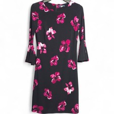 Tommy Hilfiger Floral Dress Women's Size 2  Bell Sleeve Stretch Red Pink Black
