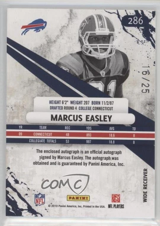 2010 Panini Rookies & Stars Rookie /25 Marcus Easley #286 RPA Patch Auto RC - Image 2 of 2