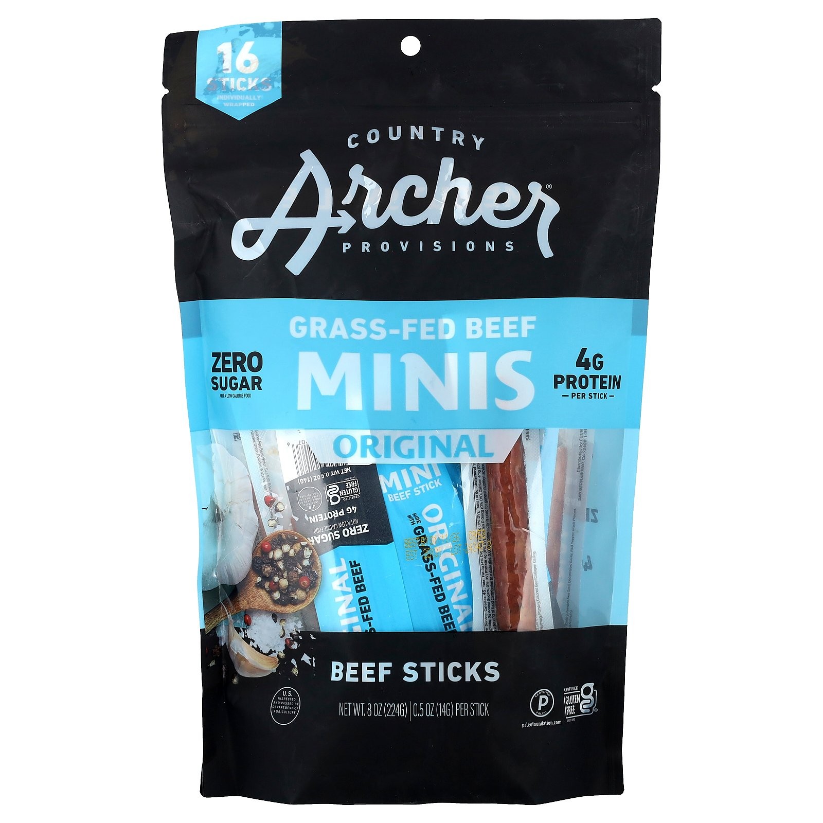 Говяжьи палочки Мини на травяном корме, Оригинал, 16 палочек, по 0,5 унции (14 г) каждая