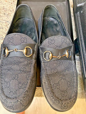 Gucci Horsebit Loafers GG Canvas Leather Black Silver Hardware US7 with bag/box