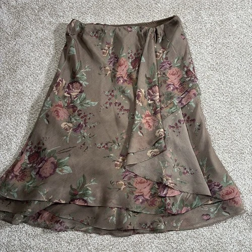 LRL Ralph Lauren Brown Floral Layered Flowy Pull On Skirt Women’s M