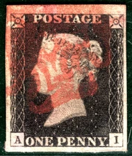 PENNY BLACK 1840 QV GB Stamp SG.2 1d Plate 2 (AI) AS14 *MARGINAL* Red MX YOR20