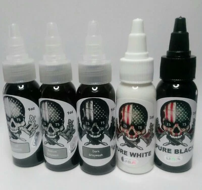 ISTS Gray wash Tattoo Ink kit, 1oz including pure black and white ink 5 bottle set