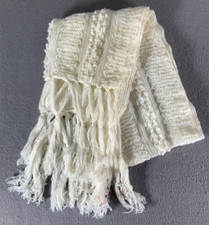 Vintage Scarf White Rectangle Open Knit Fringe Large
