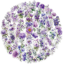 50 Pcs Purple Flower Stickers Waterproof Transparent Floral Scrapbook Set