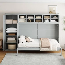 Queen Size Side Flip Murphy Wall Bed with Cabinets Space Saving Wood Hidden Bed