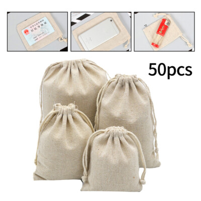 50Pcs Drawstring Storage Bags Bulk Linen Calico Bags Cotton Tote