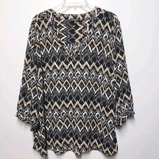 Notations Womens Blouse Size 2X Black Multicolo Print Chiffon V Neck 3/4 Sleeve