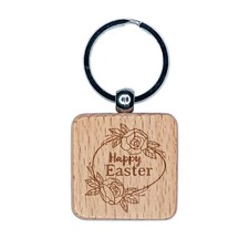 Happy Easter Egg with Elegant Roses Engraved Wood Square Keychain Tag Charm