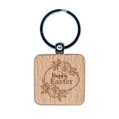 Happy Easter Egg with Elegant Roses Engraved Wood Square Keychain Tag Charm