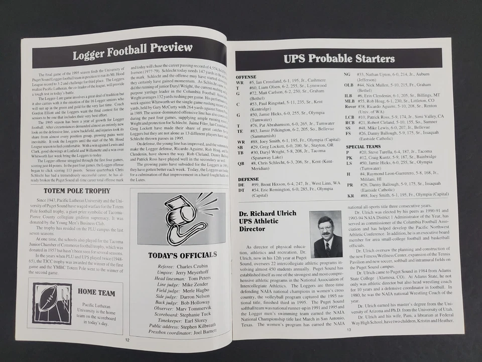 1995 Puyallup Puget Sound Univ Loggers Pacific Lutheran Lutes Football Program - Image 4 of 4