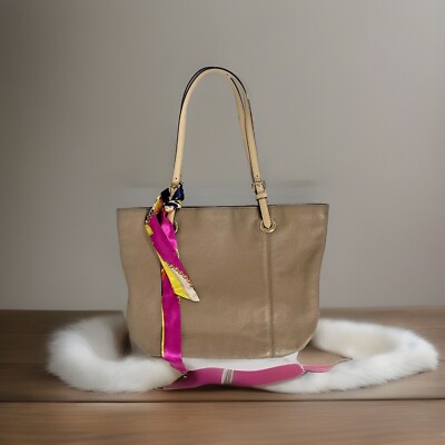 Michael Kors Beige Leather Tote Shoulder Bag Designer Ribbon Accent  14